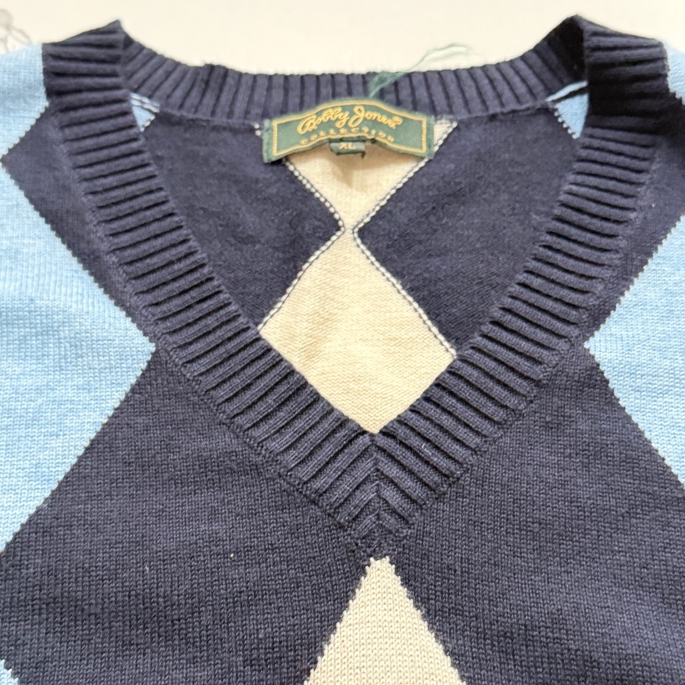 Bobby Jones‎ Blue Argyle Diamond Sweater Vest Men XL Cotton Cashmere Golf Preppy - Picture 5 of 7